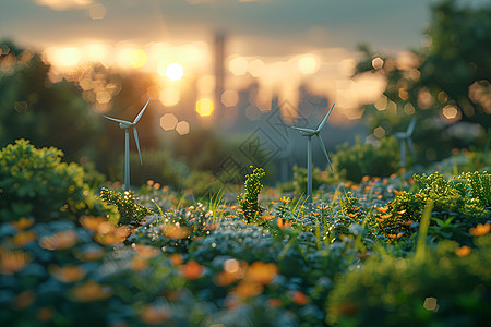 再生能源花田中的风车背景