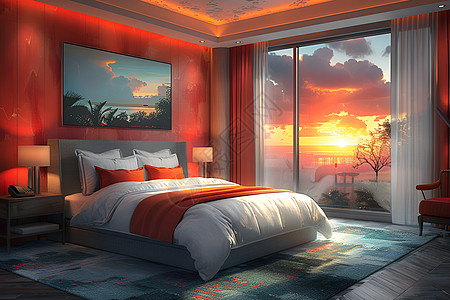 酒店绿植现代酒店套房的卧室插画