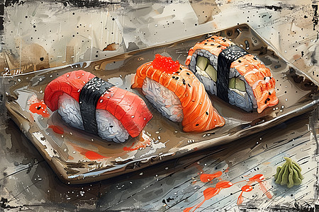 盘子上的美味寿司图片