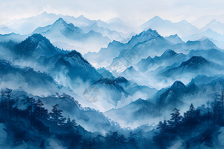 高山翠绿的山川插画