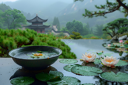 中式荷花自然和谐美景背景