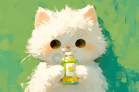 白色猫咪手持瓶子图片