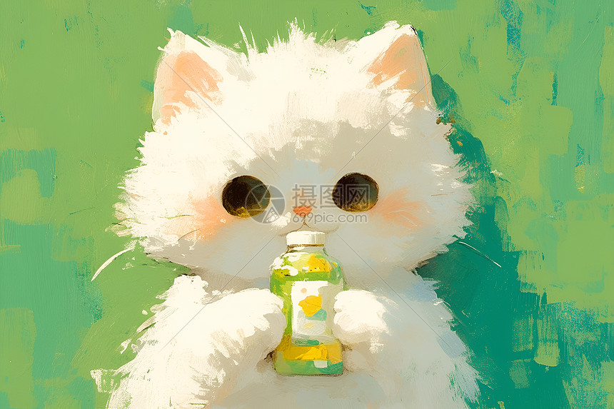 白色猫咪手持瓶子图片