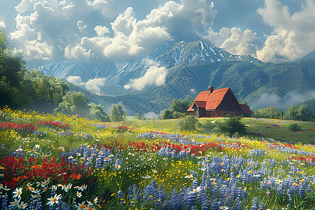 彩花缤纷的丘陵小屋图片
