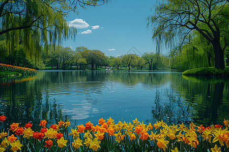 春日乡村池塘美景图片
