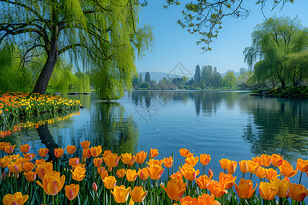 春日公园里的鲜花和湖泊图片