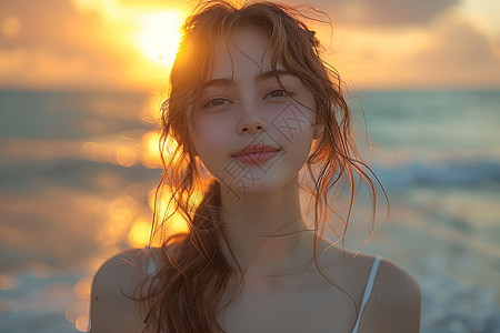 美女大海夕阳下的美女背景