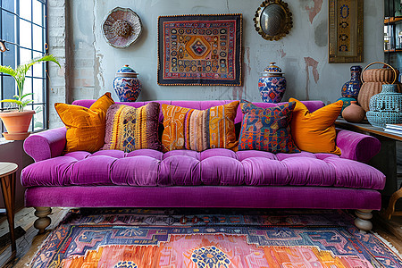 紫色沙发与床垫图片