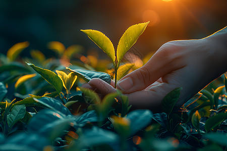 失信者茶叶采摘者伸出手背景