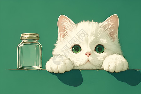 可爱的白猫和瓶子图片