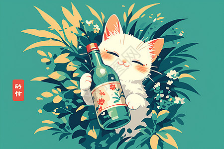 树丛里的猫咪抱着酒瓶图片