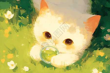 躺在草地上玩耍的白猫图片