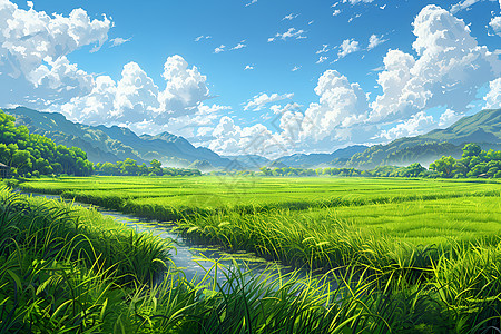 稻田里的河流图片