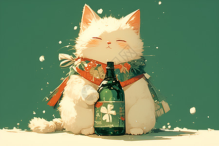 可爱白猫与瓶子插画图片