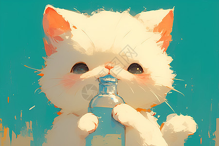 可爱白猫拿着瓶子图片
