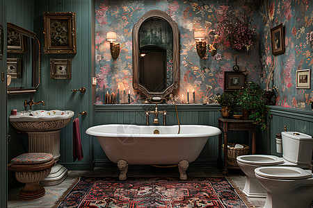 复古浴室的浴缸背景