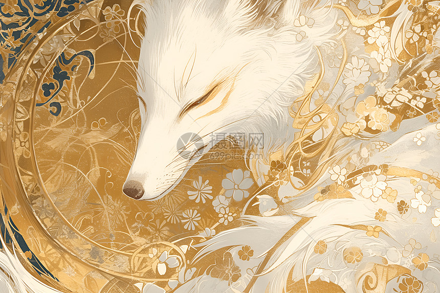 纤细画风中的金背白狐一幅新艺术细节的绘画作品图片