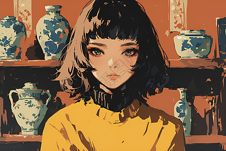 古董花瓶怀旧古香少女插画