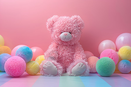 彩球间的玩具熊背景图片