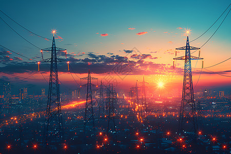 夕阳下的城市高压塔图片