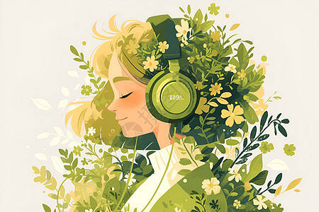 女子戴着耳机周围环绕着花朵图片