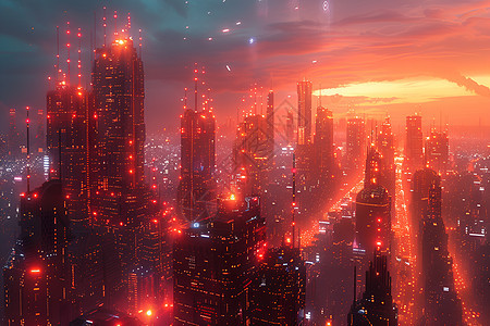发散红光的城市建筑背景图片