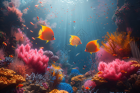 海底珊瑚海底游动的鱼群背景
