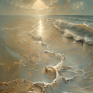 沙滩上阳光与海浪交织图片