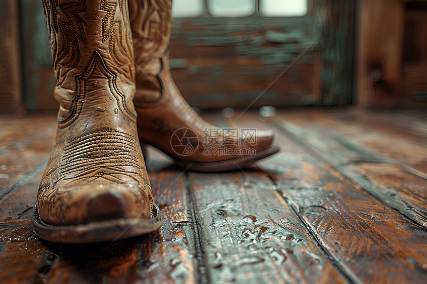 木地板上的牛仔靴图片