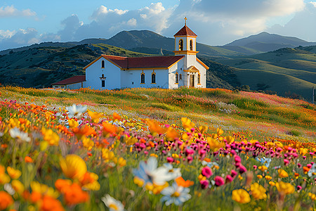野花环绕的教堂图片