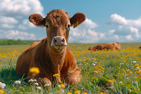花丛中休憩的黄牛背景图片