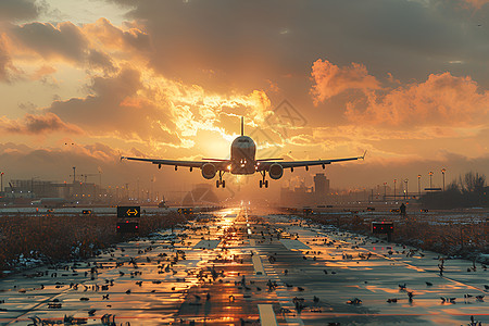日落时分一架大型客机图片