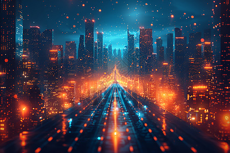 科技都市先进基础设施-增强现实背景-新艺术风格-4分辨率和鲜明的照明插画百万像素夜间背景下有许多灯光和建筑物的城市明亮的蓝天菲利图片