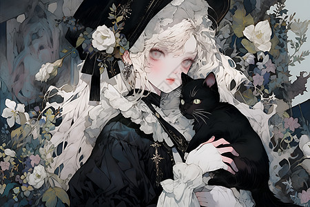 黑帽女子怀抱黑猫背景图片