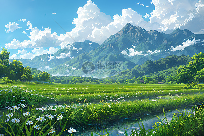 一片稻田与远处的山脉图片