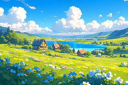春天草地湖泊旁的美丽风景画插画