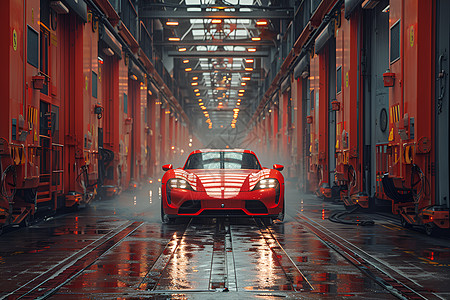红色汽车在工厂里图片