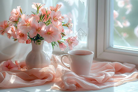 窗前花瓶和咖啡杯图片