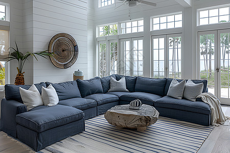 客厅蓝色沙发高清图片