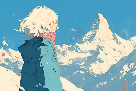 女孩欣赏雪山美景图片