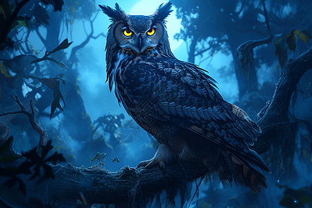 森林全景夜晚的猫头鹰插画