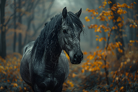 森林中黑色的马图片