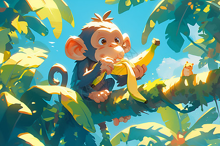 猴子在树枝上吃香蕉图片