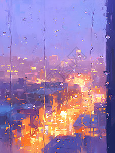 下雨玻璃窗前雨滴城市之光插画