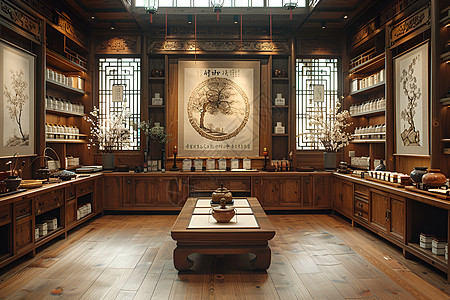 中式古典室内古典的中式药房背景