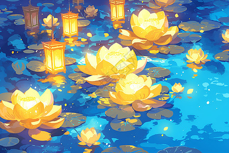 湖中的莲花灯图片