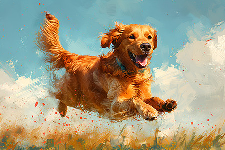 草地上飞翻的金毛猎犬图片
