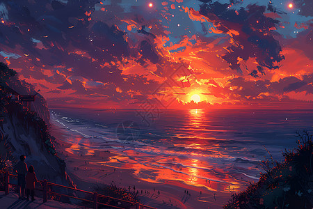 夕阳沐浴海滩图片