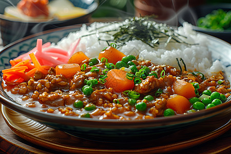 热腾腾的饭菜温馨又美味的日式咖喱饭背景