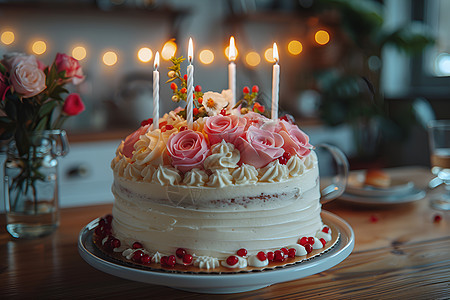点着蜡烛的生日蛋糕图片